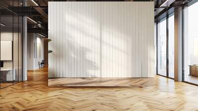 White cladding panel wall with rubber tree plant, Wood floor, Interior 3d illustration. Wall mural