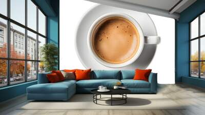 white cup and saucer with freshly brewed strong black espresso coffee with crema, isolated beverage design element, top view / flat lay Wall mural