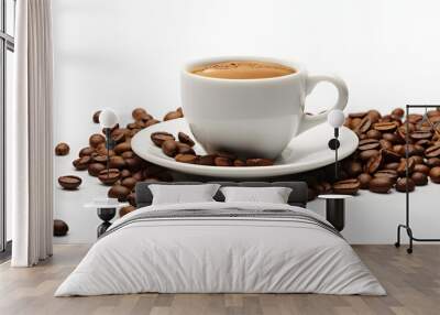 White cup of coffee with coffee beans on white background - generated image Wall mural