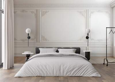 White wall with classic style mouldings and wooden floor, empty room interior, 3d render Wall mural