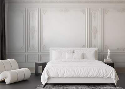 White wall with classic style mouldings and wooden floor, empty room interior. Wall mural