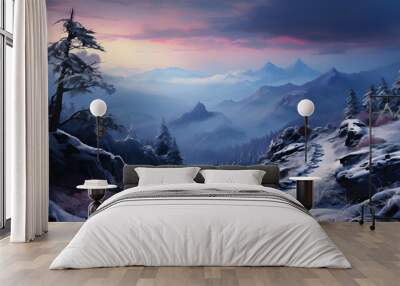 wild snowy land with a rocky trail leading to a frozen trees, misty mountains Wall mural