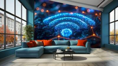 Wireless network and connection abstract data background with wifi symbol Wall mural