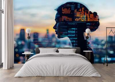 Woman Silhouetted Against Cityscape and Data Visualizations Wall mural