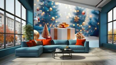 Xmas modern paper cut style with christmas present box Wall mural