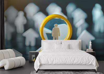 Yellow human icon inside of magnifier glass among white icons for customer focus and customer relation management or CRM concept. Wall mural