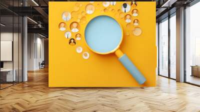 Yellow human icon inside of magnifier glass among white icons for customer focus and customer relation management or CRM concept. Wall mural