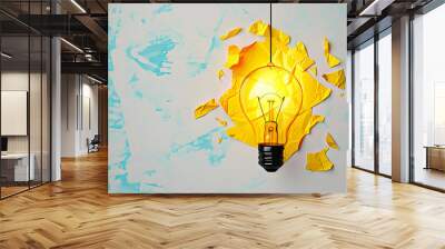 Yellow scrap paper ball with illustration painting for virtual lightbulb. It is creative thinking idea for problem solving and innovation concept. Wall mural