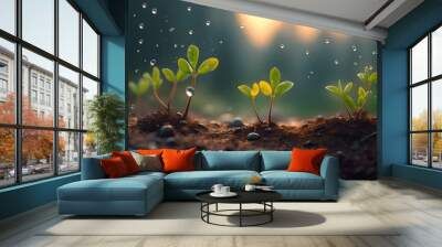 young plants growing up on ground with raining drop, save wold and green green environment concept. Wall mural