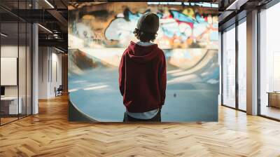 Young skater in retro style indoor skate park preparing for practice Wall mural