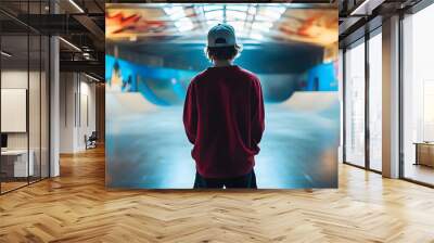 Young skater in retro style indoor skate park preparing for practice Wall mural