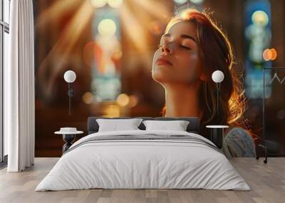 Young woman is praying to God in church. Conception of faith Wall mural