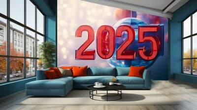 新年のお祝い。2025年。ガラスで作られた3Dの文字。おめでとうございます。AI生成画像。 Wall mural