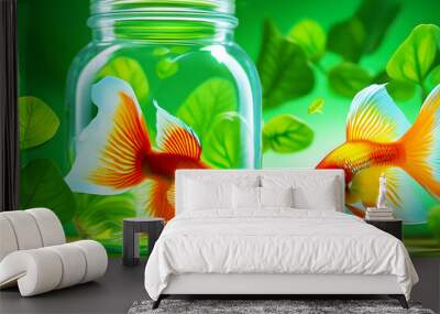  Betta fish and Goldfish swimming together inside a large glass jar with broad green leaves. Wall mural