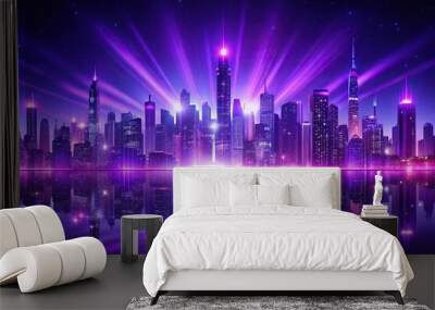 Bright glowing purple night city background with digital symmetrical pattern Wall mural