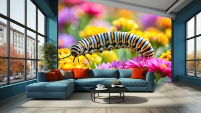 Caterpillar crawling among vibrant flowers Wall mural