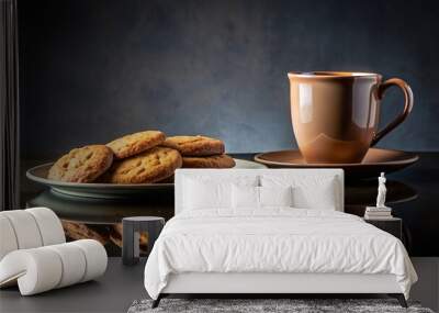 Close up of cookies reflected on plate and mug against dark background Wall mural