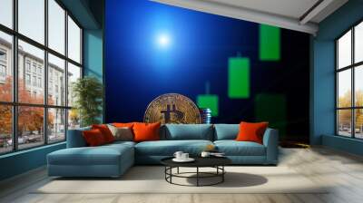 Cryptocurrency concept. Bitcoin with dark stock chart background Wall mural