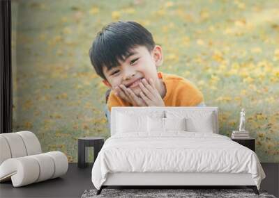 Cute Asian child lying on green grass Wall mural