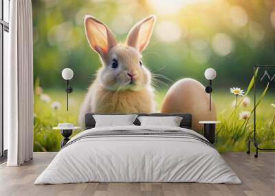 Extreme close-up of a mockup Easter egg and chubby cute bunny on a green meadow Wall mural