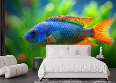 Fish swimming in green tank Wall mural