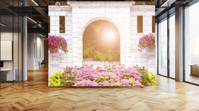 flower decorative on Arch in the brick wall of beige cut stone and travertine marble for a window or door in the classic style Wall mural