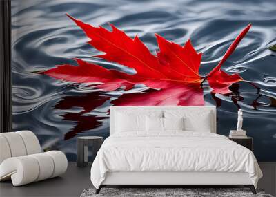 Fresh green,red  leaves splashing with water, color  background with water ripples and  leaves.. Wall mural