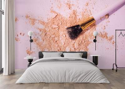 Make up brushes with powder on white background Wall mural