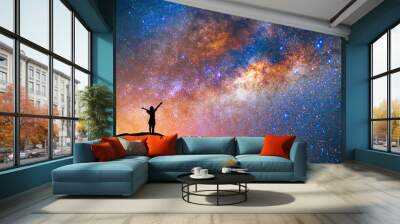 milky way, star, with happy girl on the mountain Wall mural