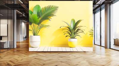 Minimalist and modern interior designof living room  featuring a color-themed layout, wall with soft shadows of palm  leaves cast across it,    Wall mural