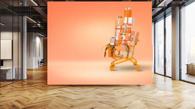 Orange gift box in cart car isolated on orange background Wall mural