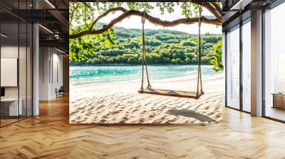 Serene and picturesque landscape image featuring two simple wooden swings hanging from sturdy tree branches,background showcases a tranquil beach with soft white sand leading to calm, clear  waters Wall mural