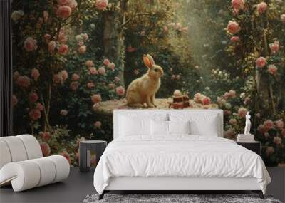 A cute bunny is waiting for his partner in the garden. Generate AI Wall mural