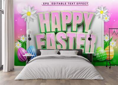 happy easter 3d text effect and editable text effect with easter egg illustrations Wall mural