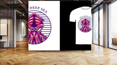 retro illustration octopus red deep sea for tshirt design, badge design character Wall mural