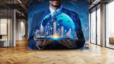 Ai Generated Businessman holding a high technology digitally generated globe of computer and futuristic concept Wall mural