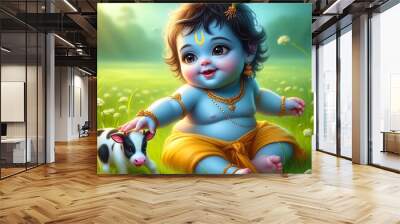 Cute little lord Krishna  playing with little cow Wall mural