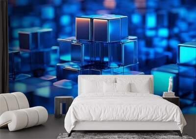 data processing and retrieval big data and ai-core data concept image dark and light metallic blue Blocks Wall mural