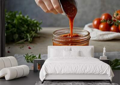 pouring basil into tomato sauce Wall mural