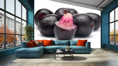 Close-Up of collection of Indian Ayurvedic medicinal fresh organic fruit jamun (Syzygium Cumini) or black plum, with peeled seed , half cut fruit,  isolated in white background. Wall mural