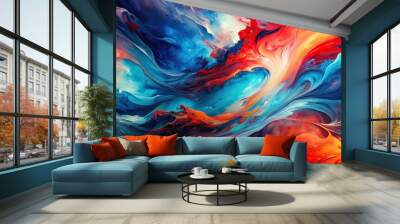 A vibrant and dynamic abstract painting with a tilt angle featuring a mix of red and blue tones creating a striking background for art projects designs and presentations, striking, tilt Wall mural