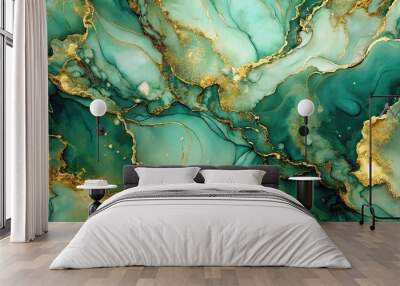 Abstract pattern in alcohol ink sage green and gold colors wallpaper background High Angle Wall mural