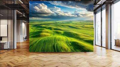 Aerial view of grass blowing in the wind against a natural landscape background Wall mural