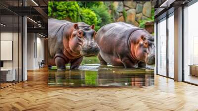 Captive hippos in their habitat at a zoo Wall mural