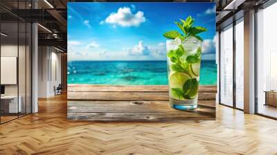 Classic Mojito cocktail with blue sea and sky tropical background Wall mural