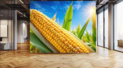 Close-up of a corn stalk with a yellow kernel on top against the sky Wall mural