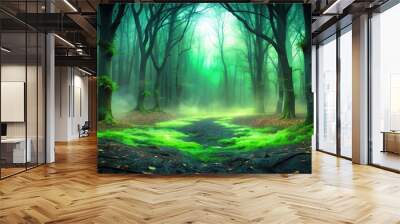 Eerie Halloween background of green fog over dark forest floor with depth of field Wall mural