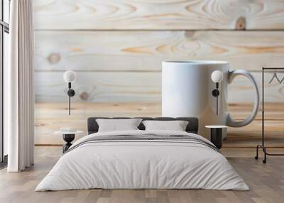 Forced perspective white coffee mug mock up on a light wooden table Wall mural