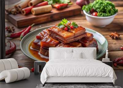 Gourmet pork dish of red braised pork belly on a table Wall mural