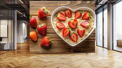 oatmeal, morning, breakfast, healthy, warm, delicious, fruit, vegetarian, A close up high angle shot of a heart shaped bowl filled with warm oatmeal or proodge topped with fresh strawberries Wall mural